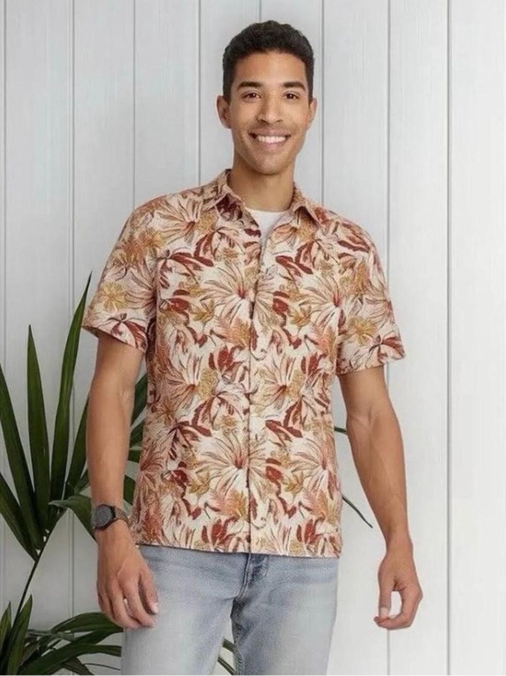 Goodfellow & Co Beige and Rust Floral Short-Sleeve Button-Down Shirt